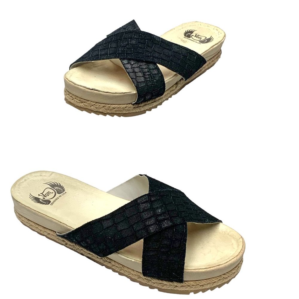 Y2K‎ VON DUTCH Crossover Black Embossed Suede Platform Slide Sandals